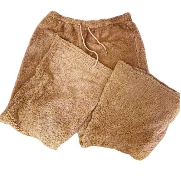 NWT Gorgeous L Cozy Fluffy Sherpa lk Tan Wide Leg Elastic Drawstring Teddy Pants - Picture 3 of 12